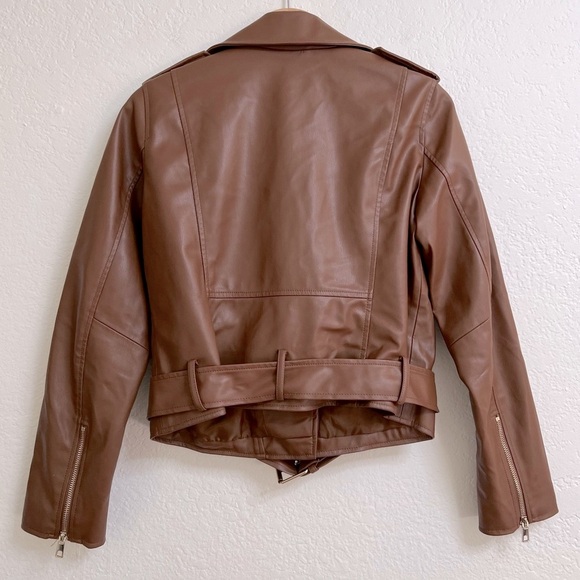 Zara Brown Faux Leather Biker Jacket Gold Zippers, Size M - Picture 4 of 6